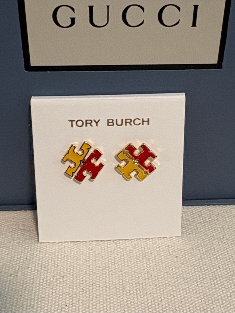 New Tory Burch Red & Yellow Logo Stud Earrings With Silver Hardware